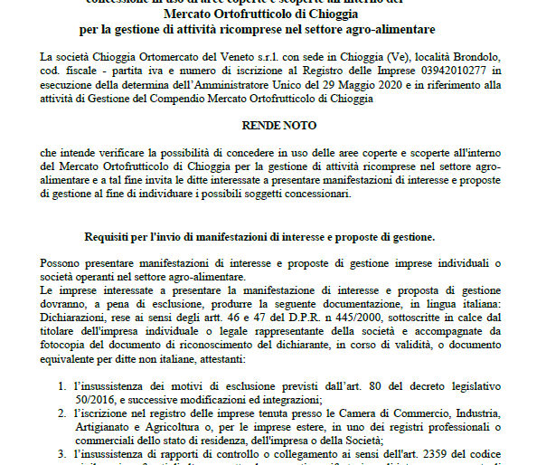 AVVISO PER L’ASSEGNAZIONE DI AREE COPERTE E SCOPERTE